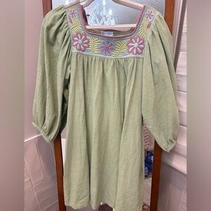 Mi Golondrina Light Green Dress with Pink and Purple Floral Embroidery